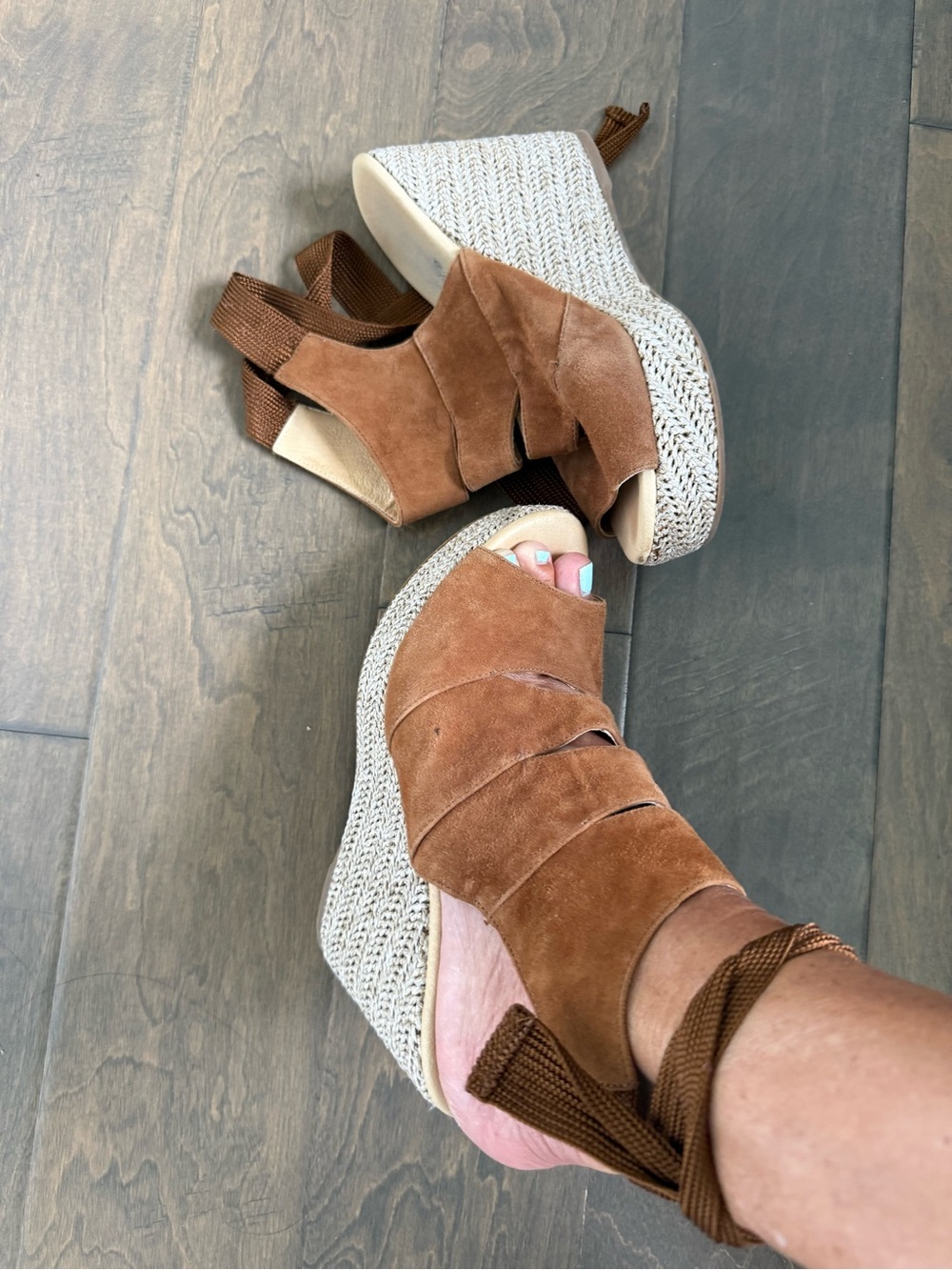 Tan Suede Wedge Espadrille Sandals with Wrap Ankle Straps